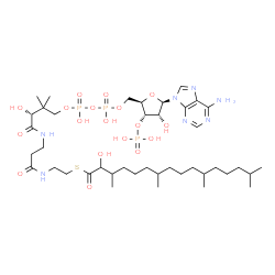 ChemSpider 2D Image | S-{(9R)-1-[(2R,3S,4R,5R)-5-(6-Amino-9H-purin-9-yl)-4-hydroxy-3-(phosphonooxy)tetrahydro-2-furanyl]-3,5,9-trihydroxy-8,8-dimethyl-3,5-dioxido-10,14-dioxo-2,4,6-trioxa-11,15-diaza-3lambda~5~,5lambda~5~-
diphosphaheptadecan-17-yl} 2-hydroxy-3,7,11,15-tetramethylhexadecanethioate | C41H74N7O18P3S