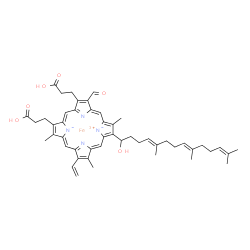 ChemSpider 2D Image | ferric;3-[(1Z,4Z,9Z,15Z)-18-(2-carboxyethyl)-17-formyl-12-[(4E,8E)-1-hydroxy-5,9,13-trimethyl-tetradeca-4,8,12-trienyl]-3,8,13-trimethyl-7-vinyl-porphyrin-21,23-diid-2-yl]propanoic acid | C49H56FeN4O6