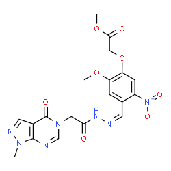 ChemSpider 2D Image | Methyl {2-methoxy-4-[(Z)-{[(1-methyl-4-oxo-1,4-dihydro-5H-pyrazolo[3,4-d]pyrimidin-5-yl)acetyl]hydrazono}methyl]-5-nitrophenoxy}acetate | C19H19N7O8