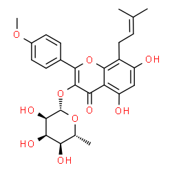 ChemSpider 2D Image | 5,7-Dihydroxy-2-(4-methoxyphenyl)-8-(3-methyl-2-buten-1-yl)-4-oxo-4H-chromen-3-yl 6-deoxy-beta-D-allopyranoside | C27H30O10