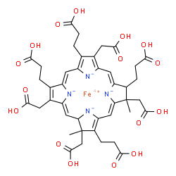 ChemSpider 2D Image | Iron(4+) 3,8,13,17-tetrakis(2-carboxyethyl)-2,7,12,18-tetrakis(carboxymethyl)-2,7-dimethyl-7,8-dihydro-1H,2H-porphine-21,22,23,24-tetraide | C42H44FeN4O16
