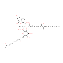 ChemSpider 2D Image | (3'R,4'S,5'R,6'R)-3',5,7-Trihydroxy-5'-({6-O-[(2E,4E,6E)-8-hydroxy-2,4,6-decatrienoyl]-beta-D-galactopyranosyl}oxy)-6'-(hydroxymethyl)-3',4',5',6'-tetrahydro-3H-spiro[2-benzofuran-1,2'-pyran]-4'-yl (2
E,4E,8E,10E)-7-hydroxy-8,14-dimethyl-2,4,8,10-hexadecatetraenoate | C47H64O17
