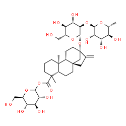 ChemSpider 2D Image | 1-O-[(5beta,8alpha,9beta,10alpha,13alpha)-13-{[2-O-(6-Deoxy-alpha-D-mannopyranosyl)-beta-D-glucopyranosyl]oxy}-18-oxokaur-16-en-18-yl]-D-glucopyranose | C38H60O17