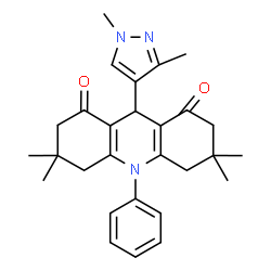 ChemSpider 2D Image | 9-(1,3-Dimethyl-1H-pyrazol-4-yl)-3,3,6,6-tetramethyl-10-phenyl-3,4,6,7,9,10-hexahydro-1,8(2H,5H)-acridinedione | C28H33N3O2