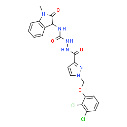 ChemSpider 2D Image | 2-({1-[(2,3-Dichlorophenoxy)methyl]-1H-pyrazol-3-yl}carbonyl)-N-(1-methyl-2-oxo-2,3-dihydro-1H-indol-3-yl)hydrazinecarboxamide | C21H18Cl2N6O4