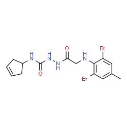 ChemSpider 2D Image | N-(3-Cyclopenten-1-yl)-2-{[(2,6-dibromo-4-methylphenyl)amino]acetyl}hydrazinecarboxamide (non-preferred name) | C15H18Br2N4O2