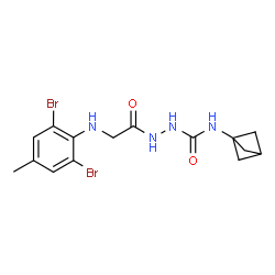 ChemSpider 2D Image | N-(Bicyclo[1.1.1]pent-1-yl)-2-{[(2,6-dibromo-4-methylphenyl)amino]acetyl}hydrazinecarboxamide (non-preferred name) | C15H18Br2N4O2