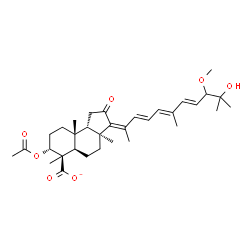 ChemSpider 2D Image | (3Z,3aS,5aR,6R,7R,9aR,9bS)-7-Acetoxy-3-[(3E,5E,7E)-10-hydroxy-9-methoxy-6,10-dimethyl-3,5,7-undecatrien-2-ylidene]-3a,6,9a-trimethyl-2-oxododecahydro-1H-cyclopenta[a]naphthalene-6-carboxylate | C33H47O7