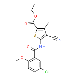 ChemSpider 2D Image | Ethyl 5-[(5-chloro-2-methoxybenzoyl)amino]-4-cyano-3-methyl-2-thiophenecarboxylate | C17H15ClN2O4S