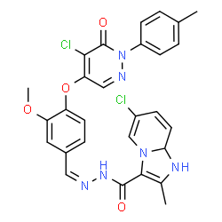 ChemSpider 2D Image | 6-Chloro-N'-[(Z)-(4-{[5-chloro-1-(4-methylphenyl)-6-oxo-1,6-dihydro-4-pyridazinyl]oxy}-3-methoxyphenyl)methylene]-2-methyl-1,8a-dihydroimidazo[1,2-a]pyridine-3-carbohydrazide | C28H24Cl2N6O4