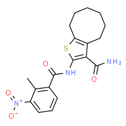 ChemSpider 2D Image | 2-[(2-Methyl-3-nitrobenzoyl)amino]-4,5,6,7,8,9-hexahydrocycloocta[b]thiophene-3-carboxamide | C19H21N3O4S