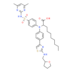 ChemSpider 2D Image | 2-[{4-[(4,6-Dimethyl-2-pyrimidinyl)sulfamoyl]phenyl}(4-{2-[(tetrahydro-2-furanylmethyl)amino]-1,3-thiazol-4-yl}phenyl)amino]decanoic acid | C36H46N6O5S2
