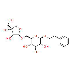 ChemSpider 2D Image | 2-Phenylethyl 6-O-[(2R,3R,4R)-3,4-dihydroxy-4-(hydroxymethyl)tetrahydro-2-furanyl]-beta-D-glucopyranoside | C19H28O10