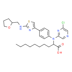 ChemSpider 2D Image | 2-[(6-Chloro-2-pyrazinyl)(4-{2-[(tetrahydro-2-furanylmethyl)amino]-1,3-thiazol-4-yl}phenyl)amino]decanoic acid | C28H36ClN5O3S