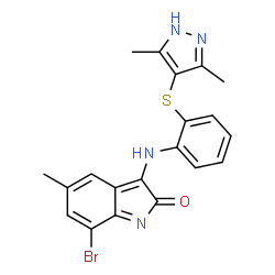 ChemSpider 2D Image | 7-Bromo-3-({2-[(3,5-dimethyl-1H-pyrazol-4-yl)sulfanyl]phenyl}amino)-5-methyl-2H-indol-2-one | C20H17BrN4OS