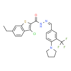 ChemSpider 2D Image | 3-Chloro-6-ethyl-N'-{(Z)-[4-(1-pyrrolidinyl)-3-(trifluoromethyl)phenyl]methylene}-1-benzothiophene-2-carbohydrazide | C23H21ClF3N3OS