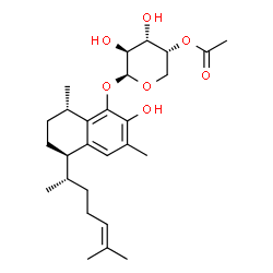 ChemSpider 2D Image | (5R,8S)-2-Hydroxy-3,8-dimethyl-5-[(2S)-6-methyl-5-hepten-2-yl]-5,6,7,8-tetrahydro-1-naphthalenyl 4-O-acetyl-beta-D-arabinopyranoside | C27H40O7