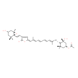 ChemSpider 2D Image | (1S,3R,4S)-3-Hydroxy-4-{(3E,5E,7E,9E,11E)-11-[4-{(E)-2-[(1S,4S,6R)-4-hydroxy-2,2,6-trimethyl-7-oxabicyclo[4.1.0]hept-1-yl]vinyl}-5-oxofuran-2(5H)-ylidene]-3,10-dimethylundeca-1,3,5,7,9-pentaen-1-ylidene}-3,5,5-trimethylcyclohexyl acetate | C39H50O7