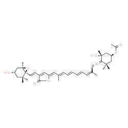 ChemSpider 2D Image | (1S,3R,4R)-3-Hydroxy-4-{(3Z,5E,7E,9E,11Z)-11-[4-{(E)-2-[(4S)-4-hydroxy-2,2,6-trimethyl-7-oxabicyclo[4.1.0]hept-1-yl]vinyl}-5-oxofuran-2(5H)-ylidene]-3,10-dimethylundeca-1,3,5,7,9-pentaen-1-ylidene}-3,5,5-trimethylcyclohexyl acetate | C39H50O7