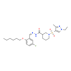ChemSpider 2D Image | 1-[(1-Ethyl-3-methyl-1H-pyrazol-4-yl)sulfonyl]-N'-{(Z)-[5-fluoro-2-(hexyloxy)phenyl]methylene}-3-piperidinecarbohydrazide | C25H36FN5O4S