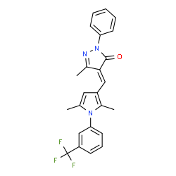 ChemSpider 2D Image | (4E)-4-({2,5-Dimethyl-1-[3-(trifluoromethyl)phenyl]-1H-pyrrol-3-yl}methylene)-5-methyl-2-phenyl-2,4-dihydro-3H-pyrazol-3-one | C24H20F3N3O