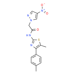 ChemSpider 2D Image | N-[5-Methyl-4-(4-methylphenyl)-1,3-thiazol-2-yl]-2-(4-nitro-1H-pyrazol-1-yl)acetamide | C16H15N5O3S