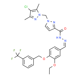 ChemSpider 2D Image | 1-[(4-Chloro-3,5-dimethyl-1H-pyrazol-1-yl)methyl]-N'-[(Z)-(3-ethoxy-4-{[3-(trifluoromethyl)benzyl]oxy}phenyl)methylene]-1H-pyrazole-3-carbohydrazide | C27H26ClF3N6O3