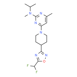ChemSpider 2D Image | 4-{4-[5-(Difluoromethyl)-1,2,4-oxadiazol-3-yl]-1-piperidinyl}-N-isopropyl-N,6-dimethyl-2-pyrimidinamine | C17H24F2N6O