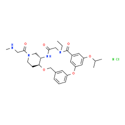 ChemSpider 2D Image | (10S,15S)-19-Ethyl-23-isopropoxy-13-[(methylamino)acetyl]-2,9-dioxa-13,16,19-triazatetracyclo[19.3.1.1~3,7~.0~10,15~]hexacosa-1(25),3(26),4,6,21,23-hexaene-17,20-dione hydrochloride (1:1) | C29H39ClN4O6