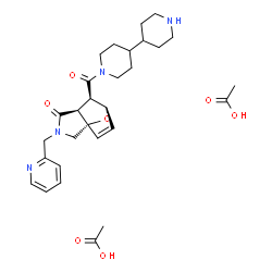 ChemSpider 2D Image | (1S,5S,6R,7R)-6-(4,4'-Bipiperidin-1-ylcarbonyl)-3-(2-pyridinylmethyl)-10-oxa-3-azatricyclo[5.2.1.0~1,5~]dec-8-en-4-one acetate (1:2) | C29H40N4O7