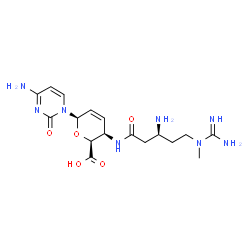 ChemSpider 2D Image | 4-Amino-1-(4-{[(3S)-3-amino-5-(N-methylcarbamimidamido)pentanoyl]amino}-2,3,4-trideoxy-beta-D-threo-hex-2-enopyranuronosyl)-2(1H)-pyrimidinone | C17H26N8O5