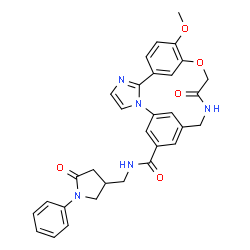 ChemSpider 2D Image | 10-Methoxy-14-oxo-N-[(5-oxo-1-phenyl-3-pyrrolidinyl)methyl]-12-oxa-2,5,15-triazatetracyclo[15.3.1.1~7,11~.0~2,6~]docosa-1(21),3,5,7(22),8,10,17,19-octaene-19-carboxamide | C31H29N5O5