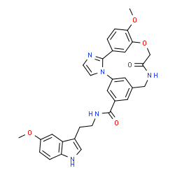 ChemSpider 2D Image | 10-Methoxy-N-[2-(5-methoxy-1H-indol-3-yl)ethyl]-14-oxo-12-oxa-2,5,15-triazatetracyclo[15.3.1.1~7,11~.0~2,6~]docosa-1(21),3,5,7(22),8,10,17,19-octaene-19-carboxamide | C31H29N5O5