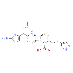 ChemSpider 2D Image | (2R,6R,7R)-7-{[(2Z)-2-(2-Amino-1,3-thiazol-4-yl)-2-(methoxyimino)acetyl]amino}-8-oxo-3-[(1,2,3-thiadiazol-5-ylsulfanyl)methyl]-5-thia-1-azabicyclo[4.2.0]oct-3-ene-2-carboxylic acid | C16H15N7O5S4