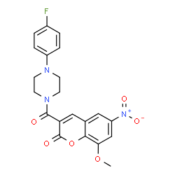 ChemSpider 2D Image | 3-{[4-(4-Fluorophenyl)-1-piperazinyl]carbonyl}-8-methoxy-6-nitro-2H-chromen-2-one | C21H18FN3O6