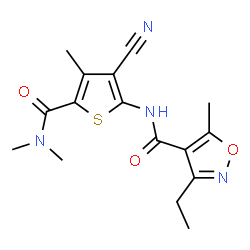ChemSpider 2D Image | N-[3-Cyano-5-(dimethylcarbamoyl)-4-methyl-2-thienyl]-3-ethyl-5-methyl-1,2-oxazole-4-carboxamide | C16H18N4O3S