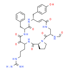ChemSpider 2D Image | 1-{3-[(7R,10R,11E,16S,21aS)-7-Benzyl-16-formamido-10-(4-hydroxybenzyl)-1,4,5,8,13,17-hexaoxo-2,3,4,5,6,7,8,9,10,13,14,15,16,17,19,20,21,21a-octadecahydro-1H-pyrrolo[2,1-j][1,4,8,11,15]pentaazacyclonon
adecin-3-yl]propyl}guanidine | C36H45N9O8