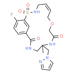 ChemSpider 2D Image | (5Z)-19-Fluoro-12-methyl-12-(1H-pyrazol-1-ylmethyl)-8-oxa-2-thia-3,11,14-triazabicyclo[14.3.1]icosa-1(20),5,16,18-tetraene-10,15-dione 2,2-dioxide | C20H24FN5O5S