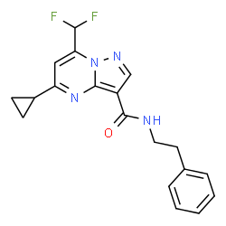 ChemSpider 2D Image | 5-Cyclopropyl-7-(difluoromethyl)-N-(2-phenylethyl)pyrazolo[1,5-a]pyrimidine-3-carboxamide | C19H18F2N4O