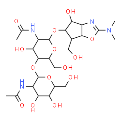 ChemSpider 2D Image | 2-(Dimethylamino)-4-hydroxy-6-(hydroxymethyl)-4,5,6,6a-tetrahydro-3aH-cyclopenta[d][1,3]oxazol-5-yl 2-acetamido-4-O-(2-acetamido-2-deoxyhexopyranosyl)-2-deoxyhexopyranoside | C25H42N4O14