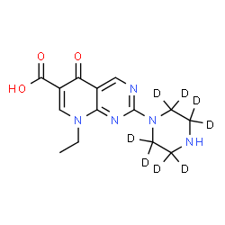 ChemSpider 2D Image | 8-Ethyl-5-oxo-2-[(2,2,3,3,5,5,6,6-~2~H_8_)-1-piperazinyl]-5,8-dihydropyrido[2,3-d]pyrimidine-6-carboxylic acid | C14H9D8N5O3