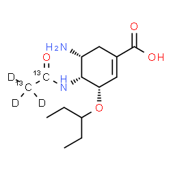 ChemSpider 2D Image | (3S,4R,5R)-5-Amino-4-[(~13~C_2_,~2~H_3_)ethanoylamino]-3-(3-pentanyloxy)-1-cyclohexene-1-carboxylic acid | C1213C2H21D3N2O4