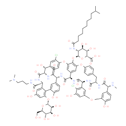 ChemSpider 2D Image | (1S,2R,22R,34S,37R,40R,52S)-5,32-Dichloro-52-{[3-(dimethylamino)propyl]carbamoyl}-2,26,31,44,49-pentahydroxy-47-(alpha-D-mannopyranosyloxy)-22-(methylamino)-21,35,38,54,56,59-hexaoxo-7,13,28-trioxa-20
,36,39,53,55,58-hexaazaundecacyclo[38.14.2.2~3,6~.2~14,17~.2~19,34~.1~8,12~.1~23,27~.1~29,33~.1~41,45~.0~10,37~.0~46,51~]hexahexaconta-3,5,8(64),9,11,14,16,23(61),24,26,29(60),30,32,41(57),42,44,46,48
,50,62,65-henicosaen-64-yl 2-deoxy-2-[(10-methylundecanoyl)amino]-alpha-L-idopyranosiduronic acid | C88H100Cl2N10O28