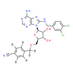 ChemSpider 2D Image | 5'-O-{[4-Cyano(~2~H_4_)phenyl](~2~H_2_)methyl}-8-[(3,4-dichlorobenzyl)amino]adenosine | C25H17D6Cl2N7O4