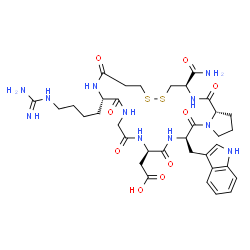 ChemSpider 2D Image | [(3R,11S,17R,20R,25aS)-11-(4-Carbamimidamidobutyl)-3-carbamoyl-20-(1H-indol-3-ylmethyl)-1,9,12,15,18,21-hexaoxodocosahydro-7H-pyrrolo[2,1-g][1,2,5,8,11,14,17,20]dithiahexaazacyclotricosin-17-yl]acetic
 acid | C35H49N11O9S2