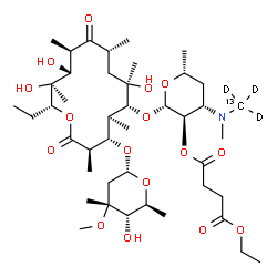 ChemSpider 2D Image | Ethyl (2S,3R,4S,6R)-2-{[(3R,4S,5S,6R,7R,9R,11R,12R,13S,14R)-14-ethyl-7,12,13-trihydroxy-4-{[(2R,4R,5S,6S)-5-hydroxy-4-methoxy-4,6-dimethyltetrahydro-2H-pyran-2-yl]oxy}-3,5,7,9,11,13-hexamethyl-2,10-di
oxooxacyclotetradecan-6-yl]oxy}-6-methyl-4-{methyl[(~13~C,~2~H_3_)methyl]amino}tetrahydro-2H-pyran-3-yl succinate (non-preferred name) | C4213CH72D3NO16