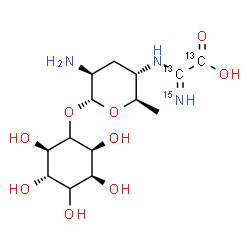 ChemSpider 2D Image | (2R,3S,5S,6S)-2,3,4,5,6-Pentahydroxycyclohexyl 2-amino-4-{[(~13~C)carboxy[(~15~N)imino](~13~C)methyl]amino}-2,3,4,6-tetradeoxy-alpha-D-arabino-hexopyranoside | C1213C2H25N215NO9
