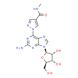 ChemSpider 2D Image | 6-[4-(Methylcarbamoyl)-1H-pyrazol-1-yl]-9-(beta-D-ribofuranosyl)-9H-purin-2-amine | C15H18N8O5