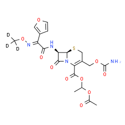 ChemSpider 2D Image | 1-Acetoxyethyl (6R,7R)-3-[(carbamoyloxy)methyl]-7-{[(2E)-2-(3-furyl)-2-{[(~2~H_3_)methyloxy]imino}acetyl]amino}-8-oxo-5-thia-1-azabicyclo[4.2.0]oct-2-ene-2-carboxylate | C20H19D3N4O10S