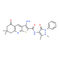 ChemSpider 2D Image | 3-Amino-N-(1,5-dimethyl-3-oxo-2-phenyl-2,3-dihydro-1H-pyrazol-4-yl)-7,7-dimethyl-5-oxo-5,6,7,8-tetrahydrothieno[2,3-b]quinoline-2-carboxamide | C25H25N5O3S